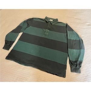 Vintage LL Bean Rugby M Dark Green/Green Striped Collared Long Sleeve 90s